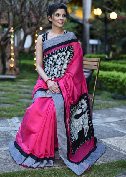 Pink Chanderi saree with hand painted gond work - Sujatra