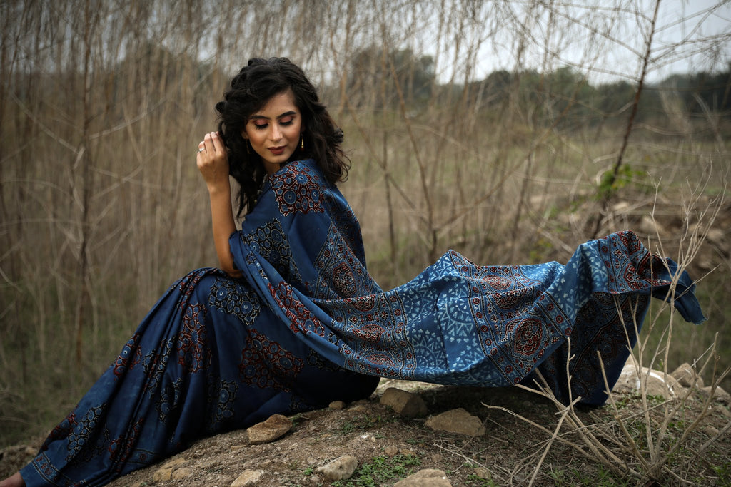 Exclusive pure modal silk block printed midnight blue Ajrakh saree