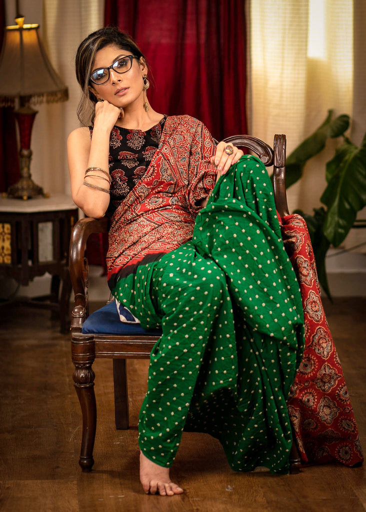 Green Bandhej mul saree with Ajrakh block printed pallu