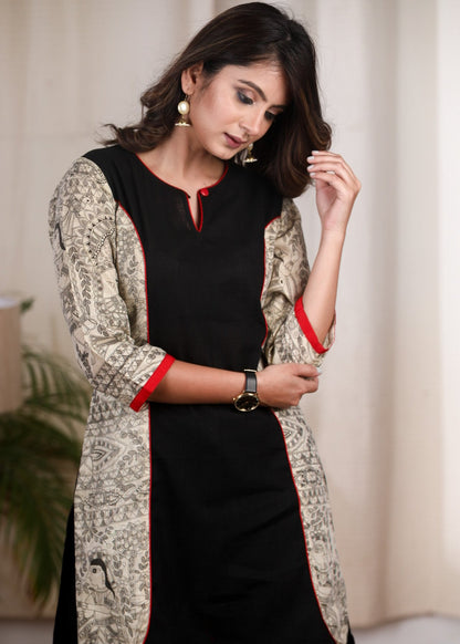 Black cotton tunic with Madhubani printed combination