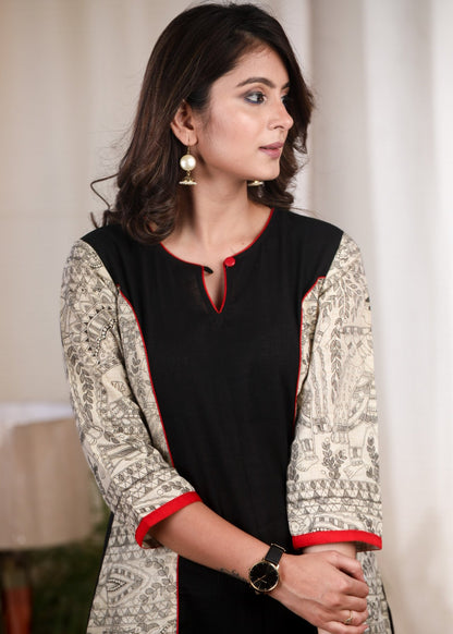 Black cotton tunic with Madhubani printed combination