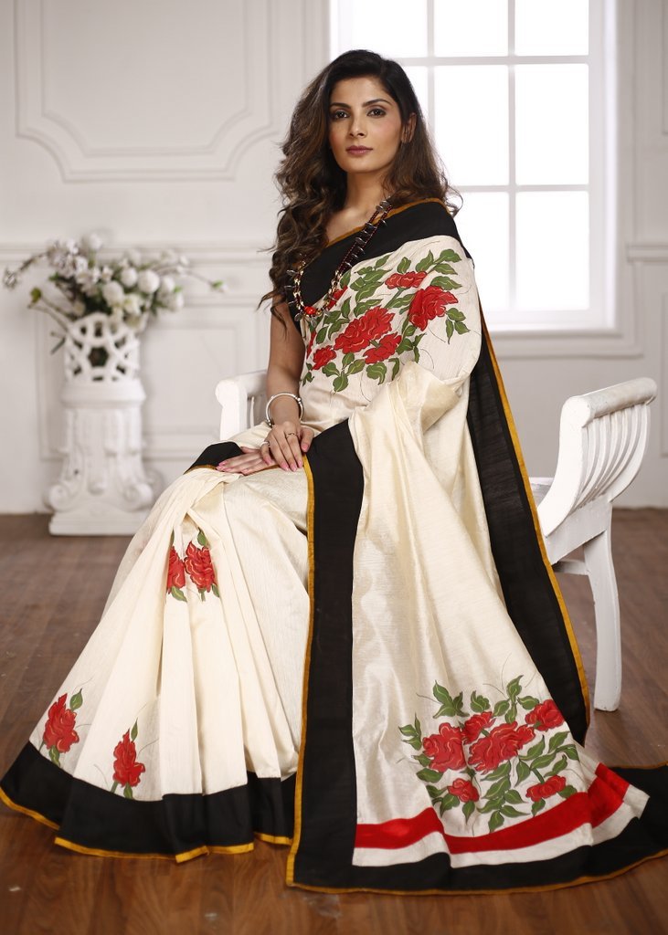Off white chanderi saree with exclusive floral hand painting