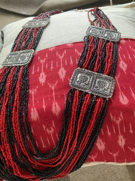 Red & Black seed bead multi layer necklace