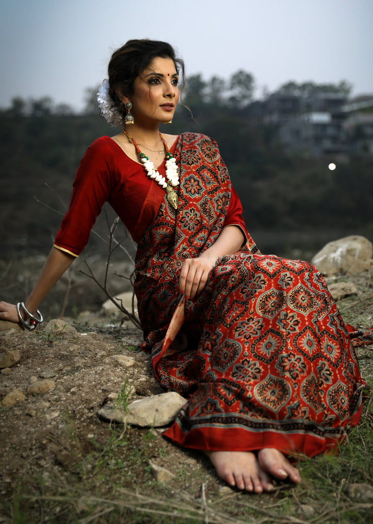Exclusive pure modal silk Ajrakh hand block printed maroon saree