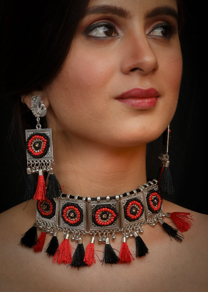 German Silver Oxidised beaded Afgani Choker in red & black  with matching earrings
