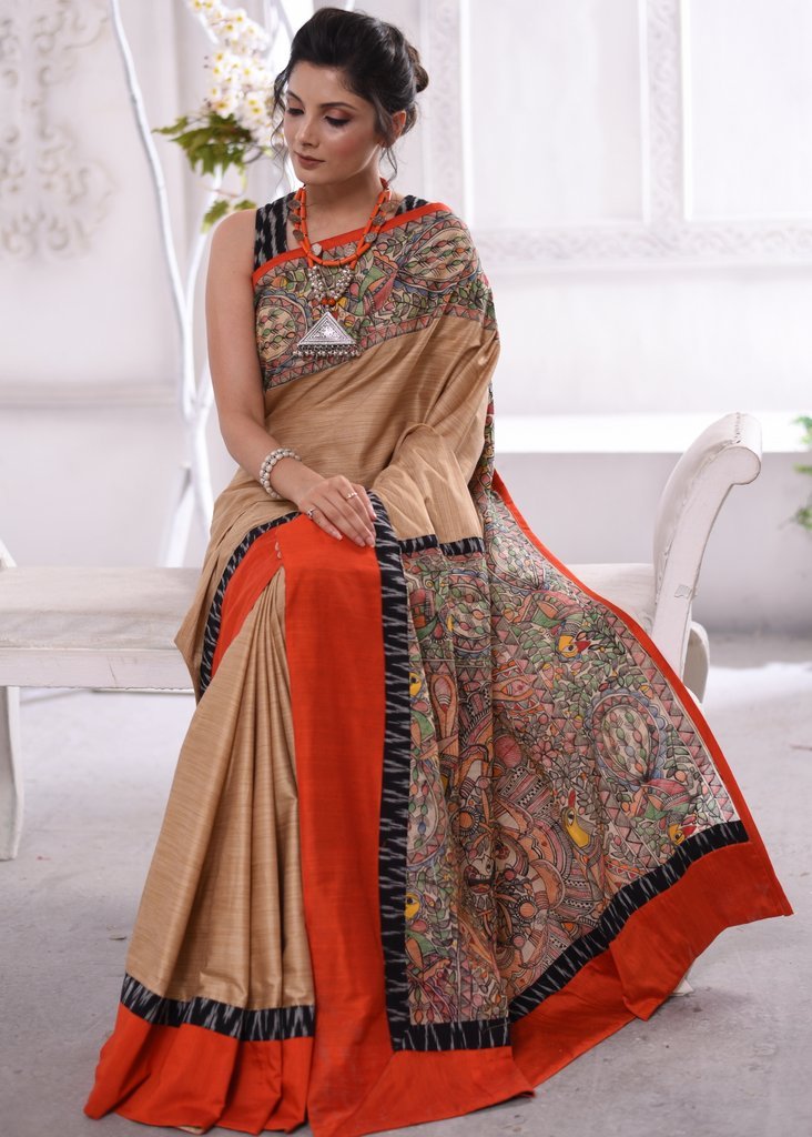 Exclusive semi silk saree with hand painted madhubani pallu & ikat border - Sujatra