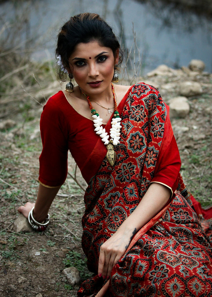 Exclusive pure modal silk Ajrakh hand block printed maroon saree