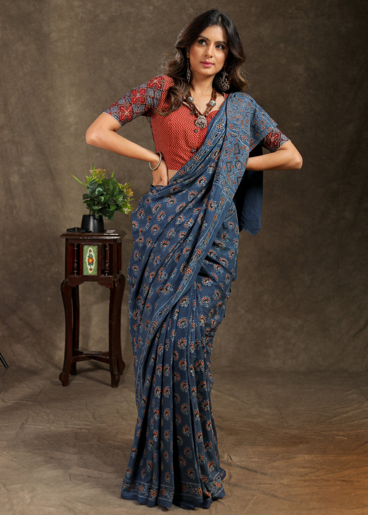 Elegant blue block printed Cotton Ajrakh saree