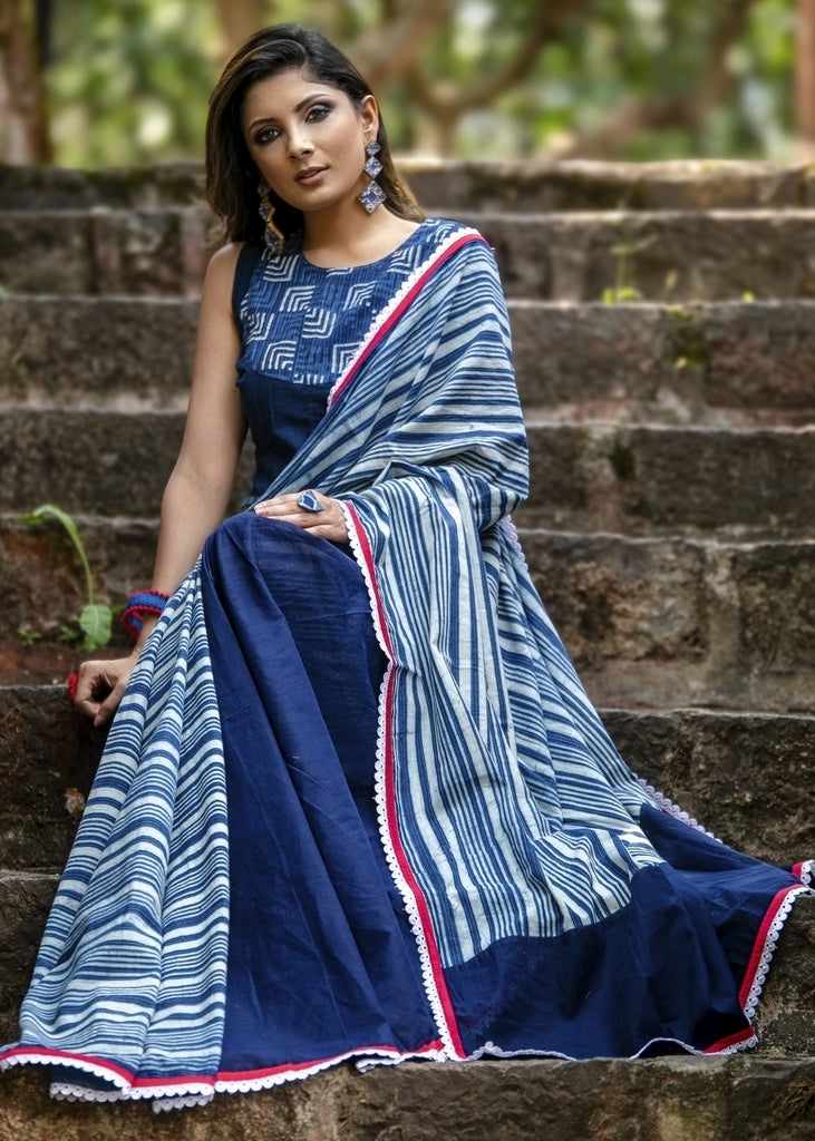 Designer indigo block printed saree with lace border