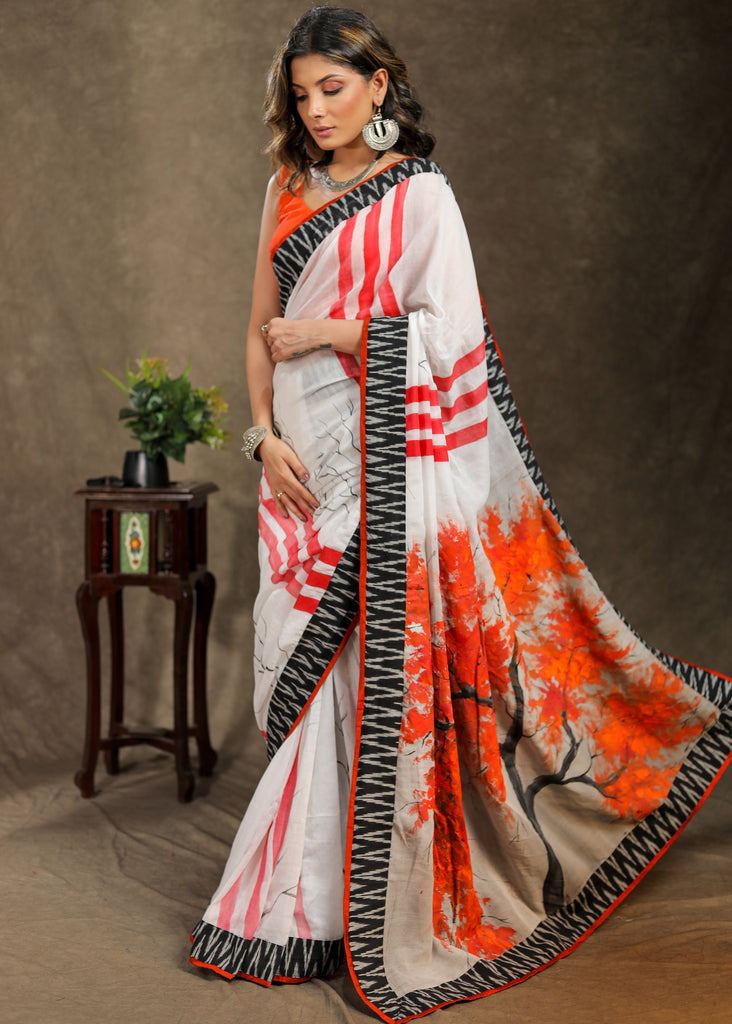 White Cotton orange hand painted saree with beautiful Ikkat border