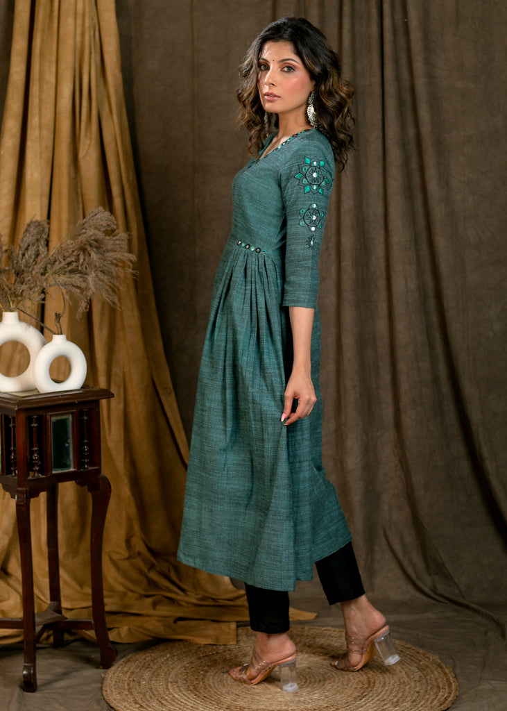 Classy Green Pure Cotton A-Line Pleated Kurta with Hand-Made Mirror Work On Neck and Sleeves - Pant Optional