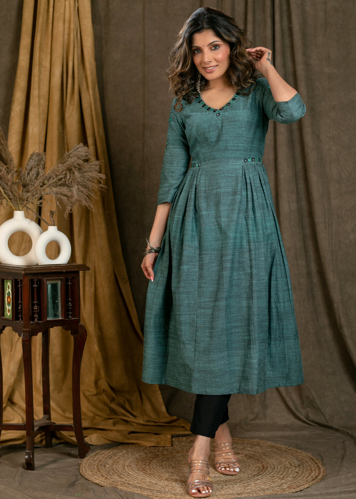 Classy Green Pure Cotton A-Line Pleated Kurta with Hand-Made Mirror Work On Neck and Sleeves - Pant Optional