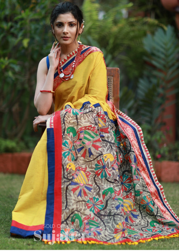 Handloom cotton saree with intricate hand painted madhubani pallu - Sujatra