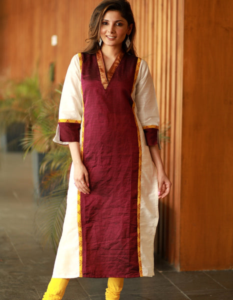 Off white Straight cut cotton silk kurta with Khun in contrast