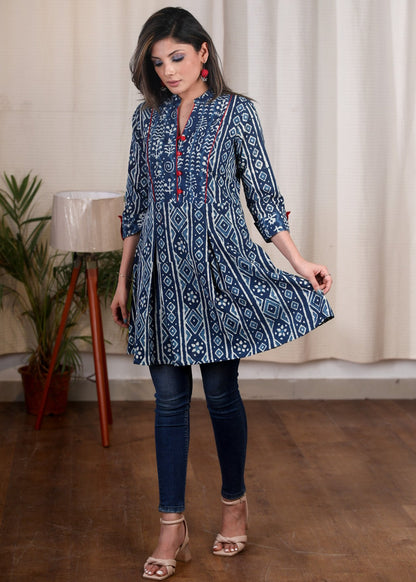 Exclusive Indigo combination cotton tunic