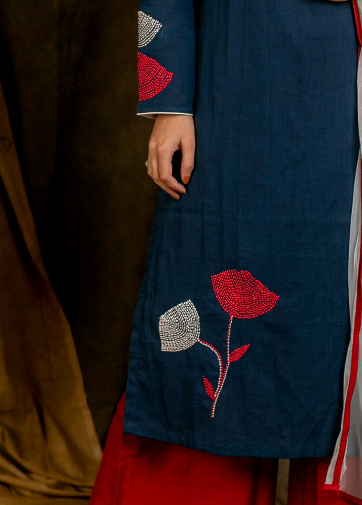 Beautiful Flower Embroidered Cotton Full Sleeves Straight Cut Kurta Pant Set - Dupatta Optional