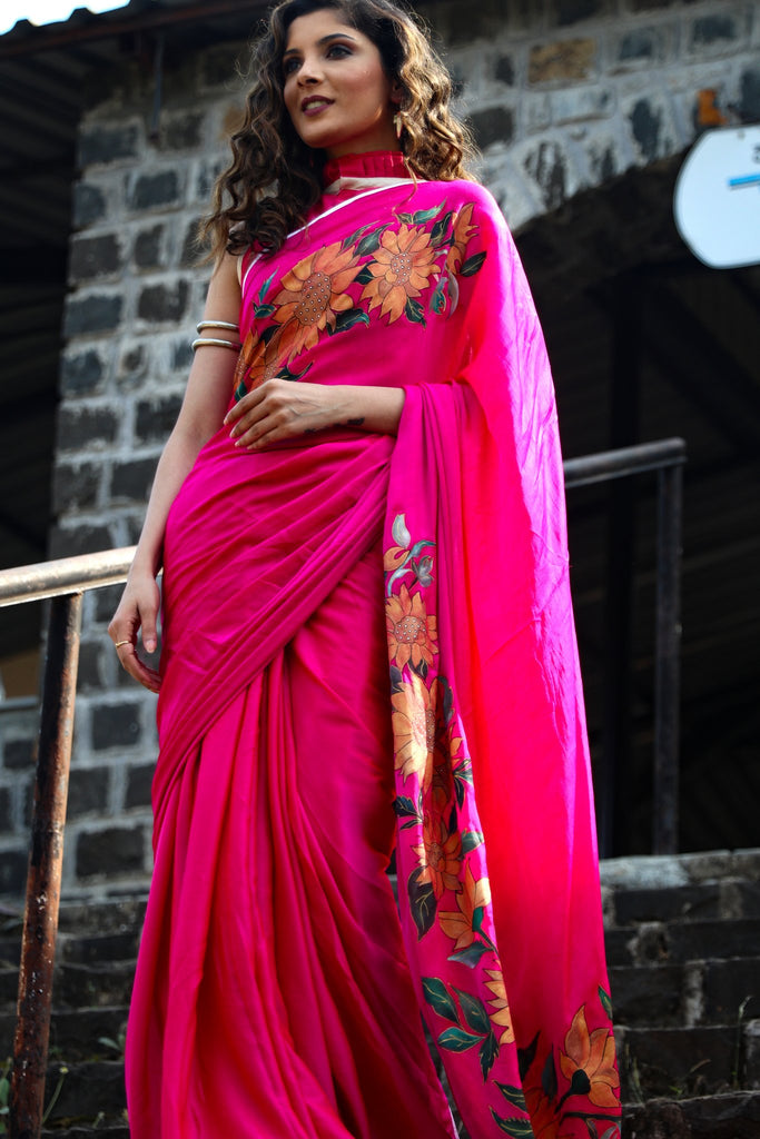 Exclusive pink crepe satin saree with hand painted floral motifs