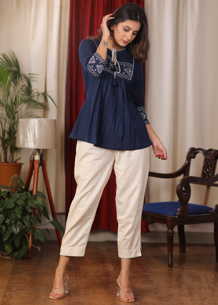 Blue cotton Top with beautiful white embroidery and Dori