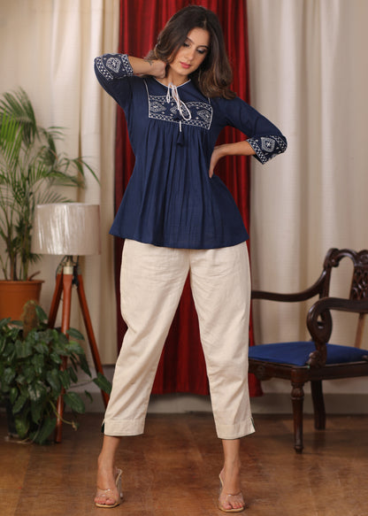 Blue cotton Top with beautiful white embroidery and Dori