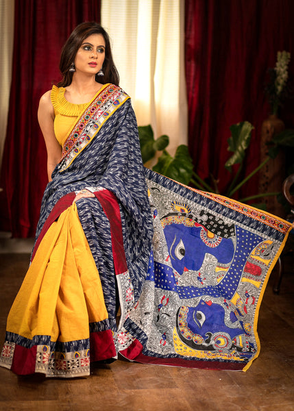 Blue ikaat designer saree with hand painted Madhubani pallu & Kutch mirror work