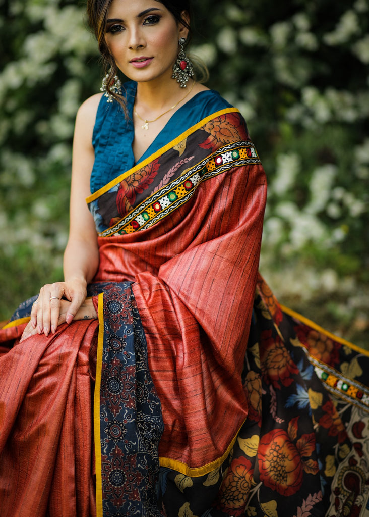 Rust pure raw silk saree with hand painted kalamkari pallu & mirror work & ajrakh border