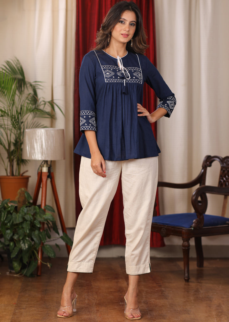 Blue cotton Top with beautiful white embroidery and Dori