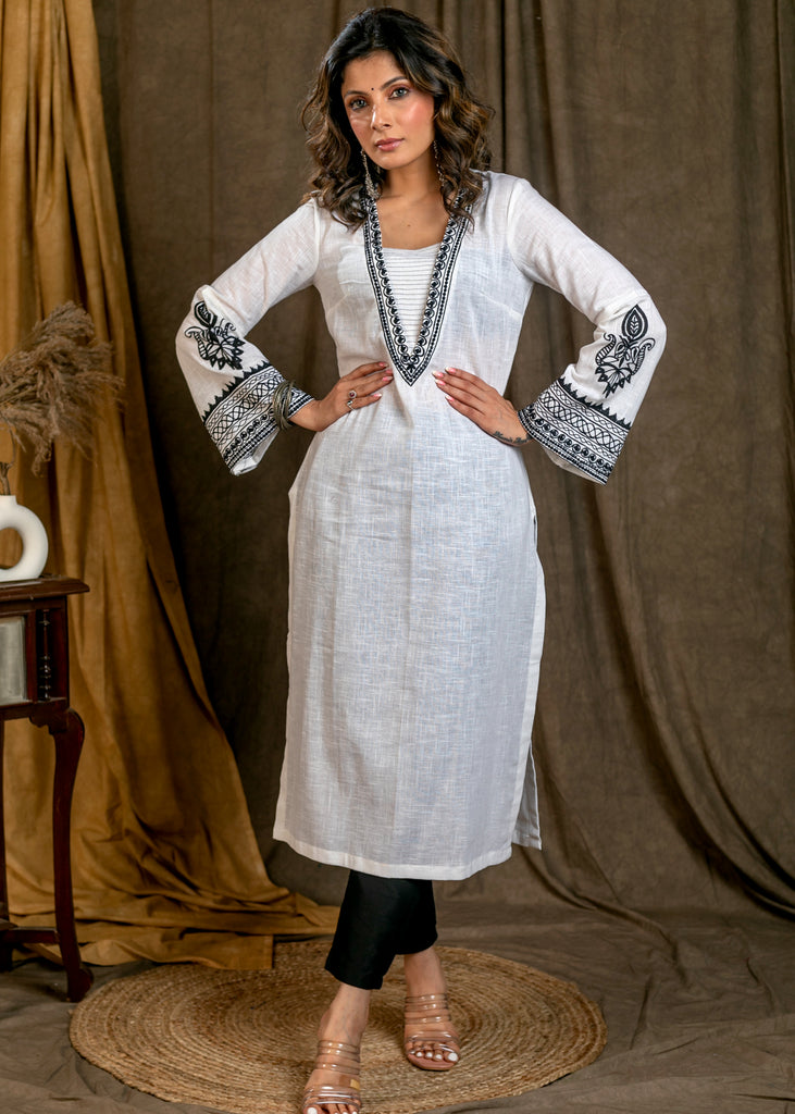 Elegant White Cotton Straight Cut Kurta with Bell Sleeves and Contrast Embroidery On Neck and Sleeves - Pant Optional