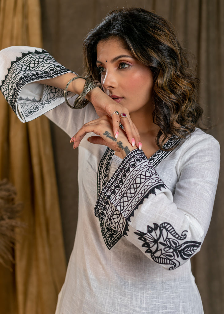 Elegant White Cotton Straight Cut Kurta with Bell Sleeves and Contrast Embroidery On Neck and Sleeves - Pant Optional