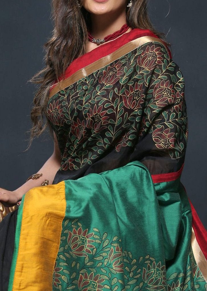 Exclusive hand painted black chanderi saree with painted cotton silk pallu - Sujatra