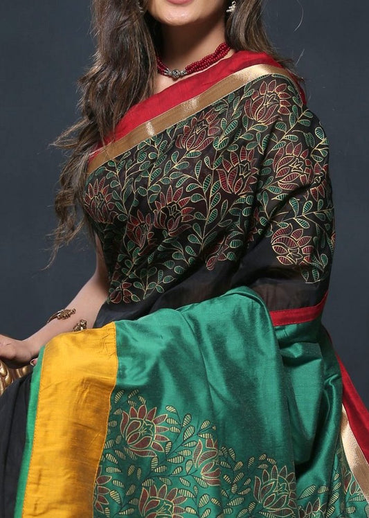Exclusive hand painted black chanderi saree with painted cotton silk pallu - Sujatra