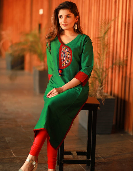 Green Straight cut Cotton silk kurta with exclusive Handmade Kutch embroidery