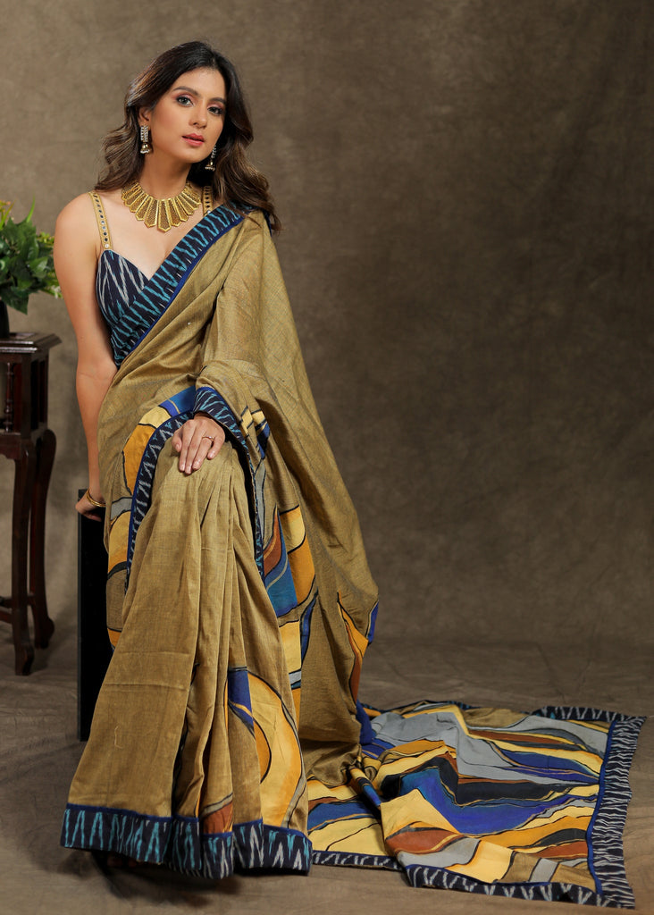 Chique Cotton Abstract Painting Saree With Ajrakh Border