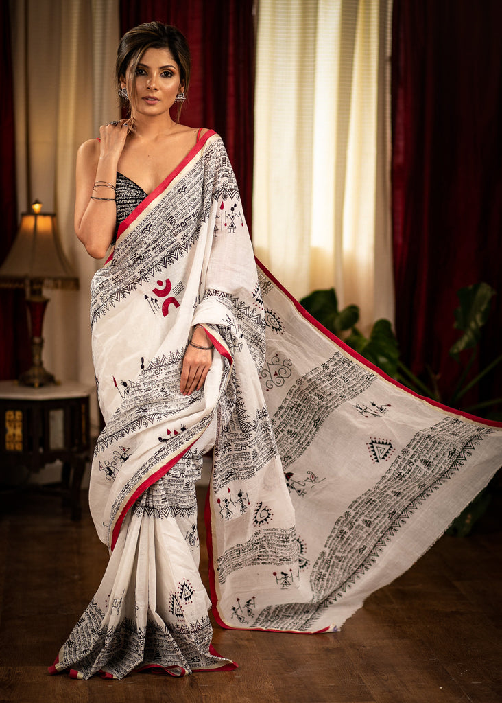Exclusive mantra printed designer cotton saree with embroidered motifs
