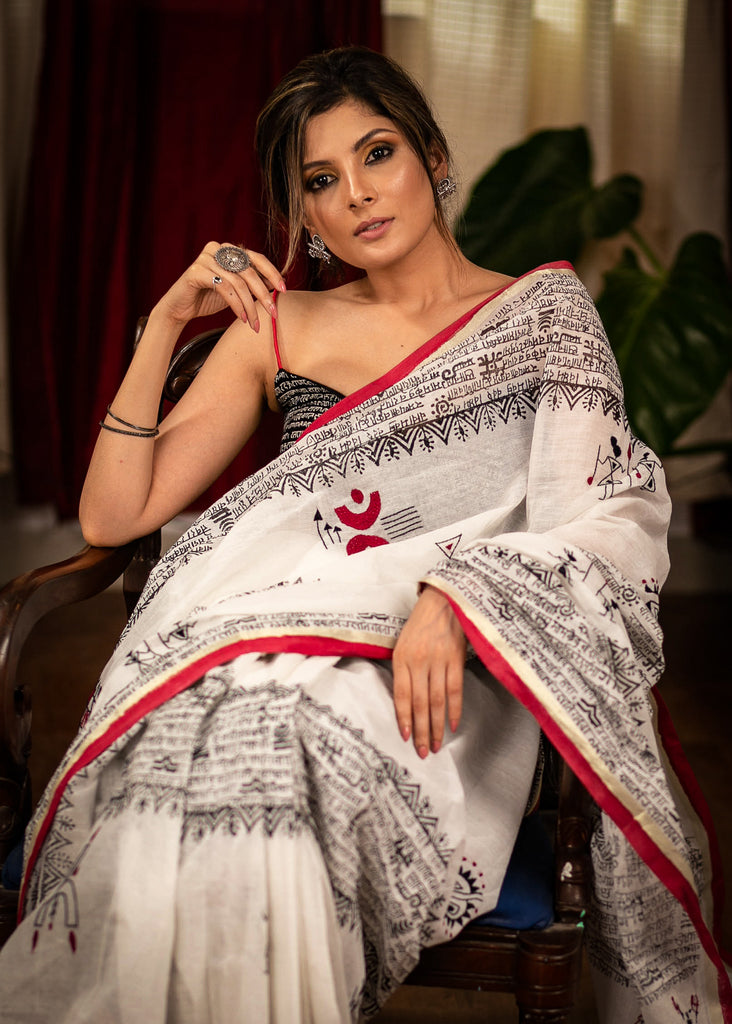 Exclusive mantra printed designer cotton saree with embroidered motifs