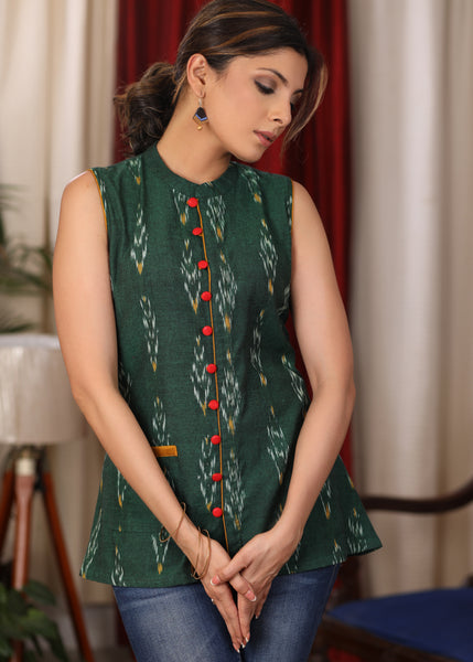 Green Ikkat sleeveless Top with red buttons