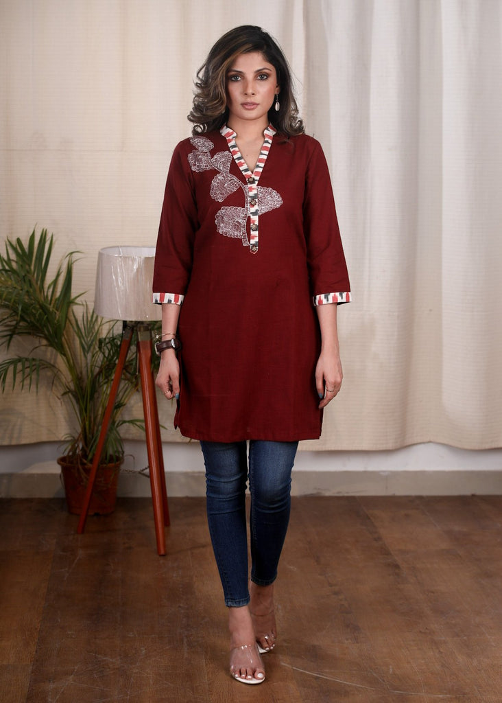 Exclusive hand painted maroon cotton tunic with ikat combination