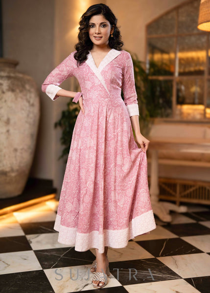 Trendy Baby Pink Rayon Printed Flared Kurta - Chiffon Dupatta Optional