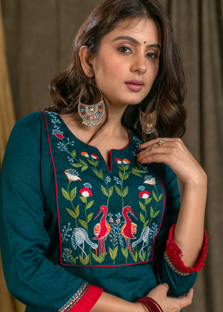 Exclusive Straight Cut Teal Blue Cotton Kurta Pant Set with Flamingo Work On Yoke and Embroidery On Hemline - Dupatta Optional