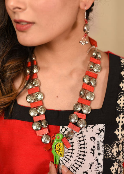 Exclusive metallic & wooden beads combination necklace set - Sujatra