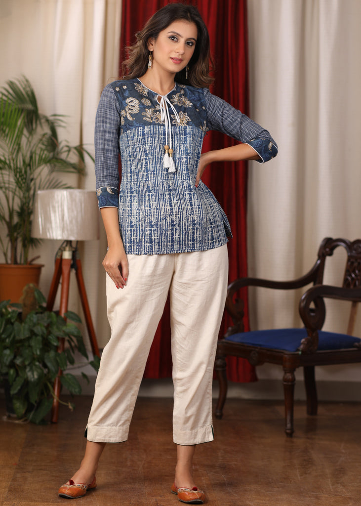 Indigo Top with beautiful embroidery on neck and sleeves