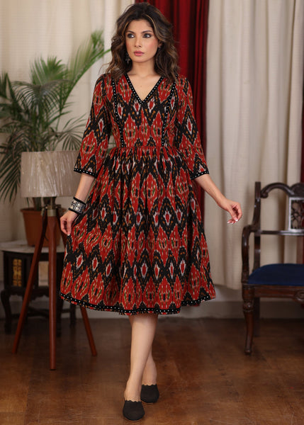 Black multicolor ikat gathered dress highlighted with velvet stone lace