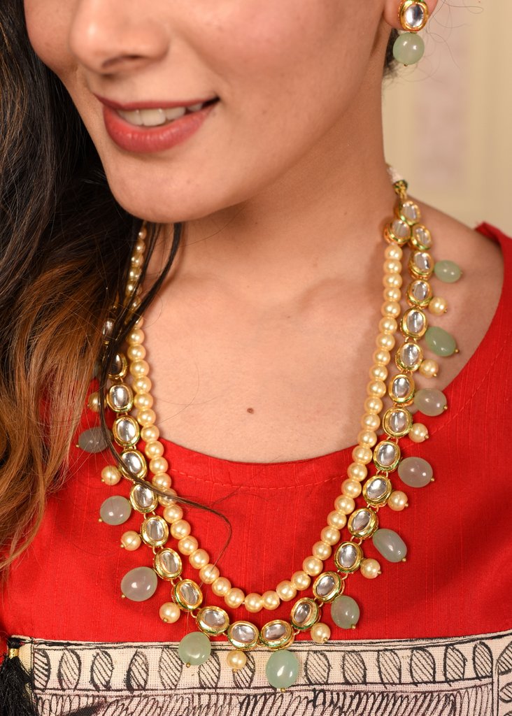 Exclusive three layer pearl, kundan & stone combination necklace set - Sujatra