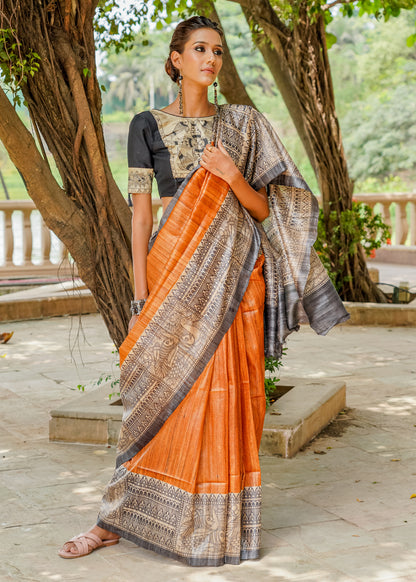 Glamorous rust pure Ghicha silk handpainted madhubani saree