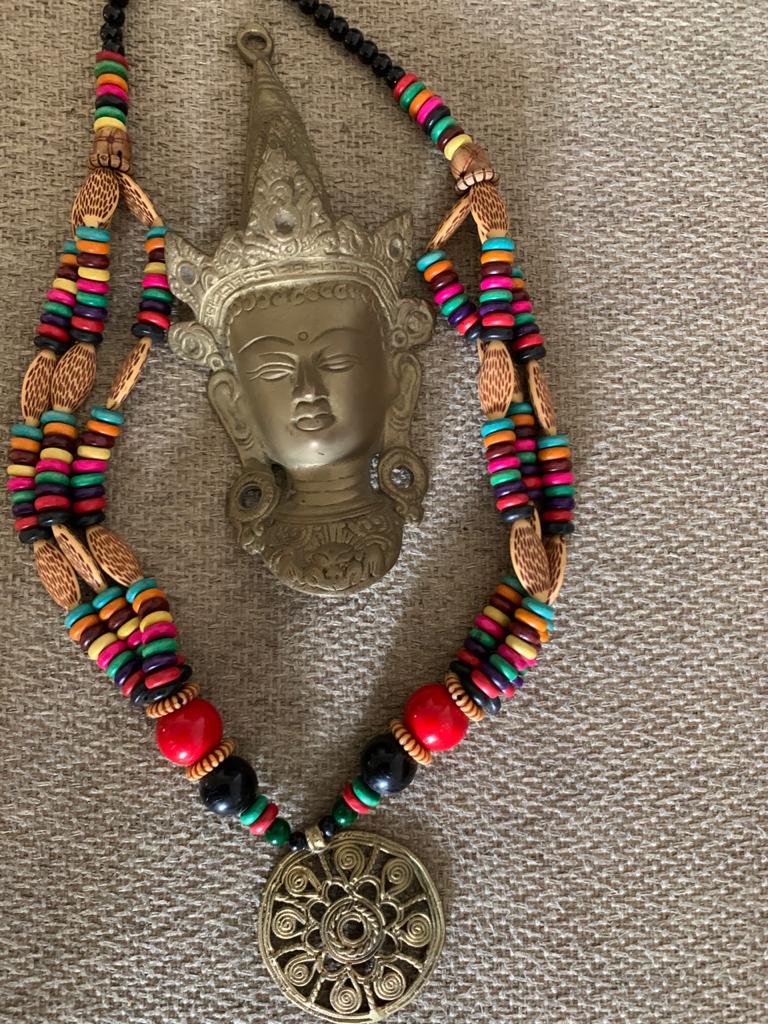 Exclusive hand crafted dokra art wooden beaded necklace