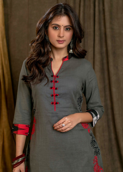 Trendy Grey Cotton Straight Cut Kurta with Black Red Embroidery On Side Panel - Pant Optional