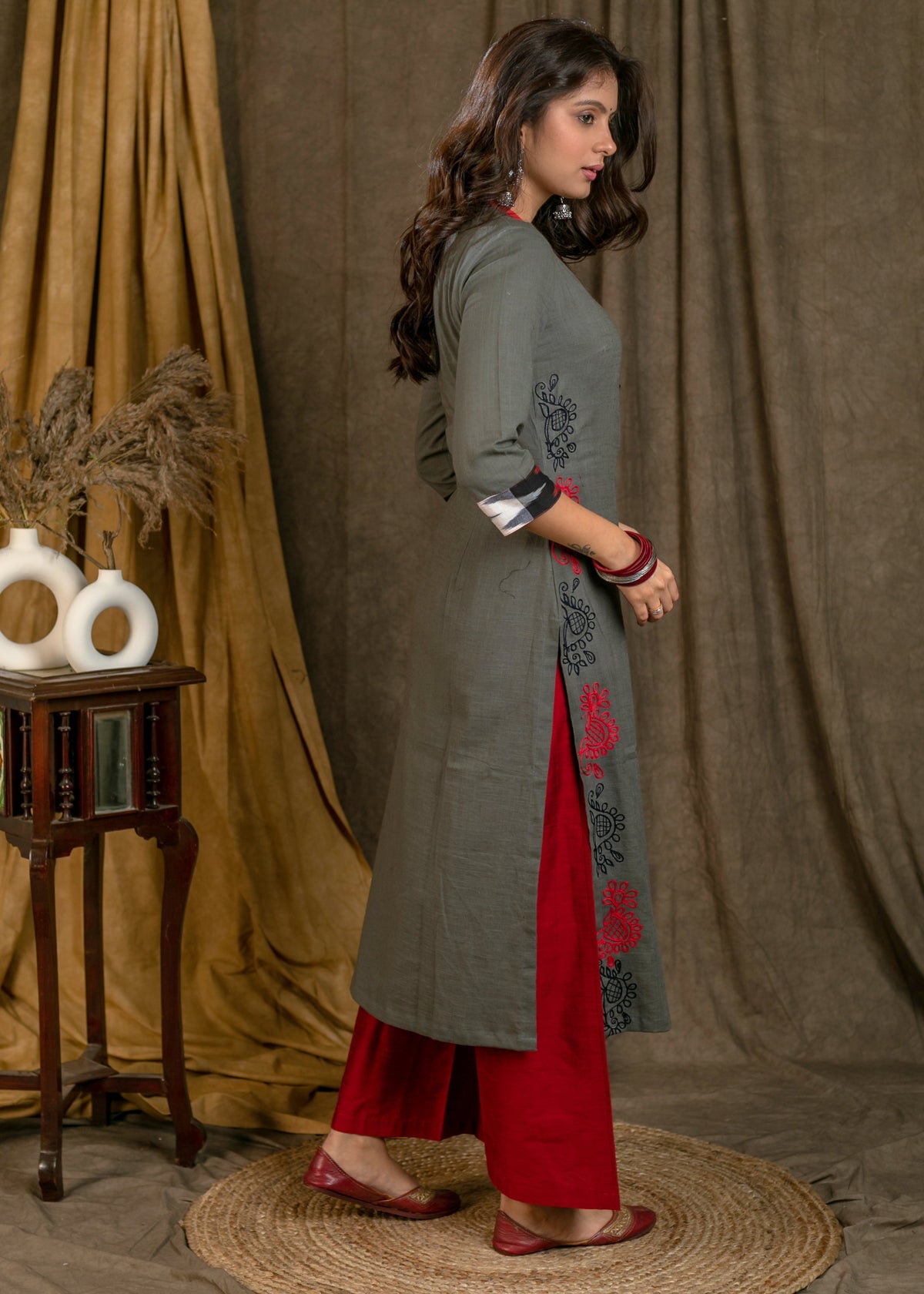 Dussehra Sale — Trendy Grey Cotton Straight Cut Kurta with Black Red Embroidery On Side Panel - Pant Optional