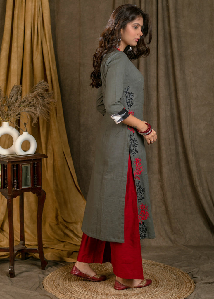 Trendy Grey Cotton Straight Cut Kurta with Black Red Embroidery On Side Panel - Pant Optional