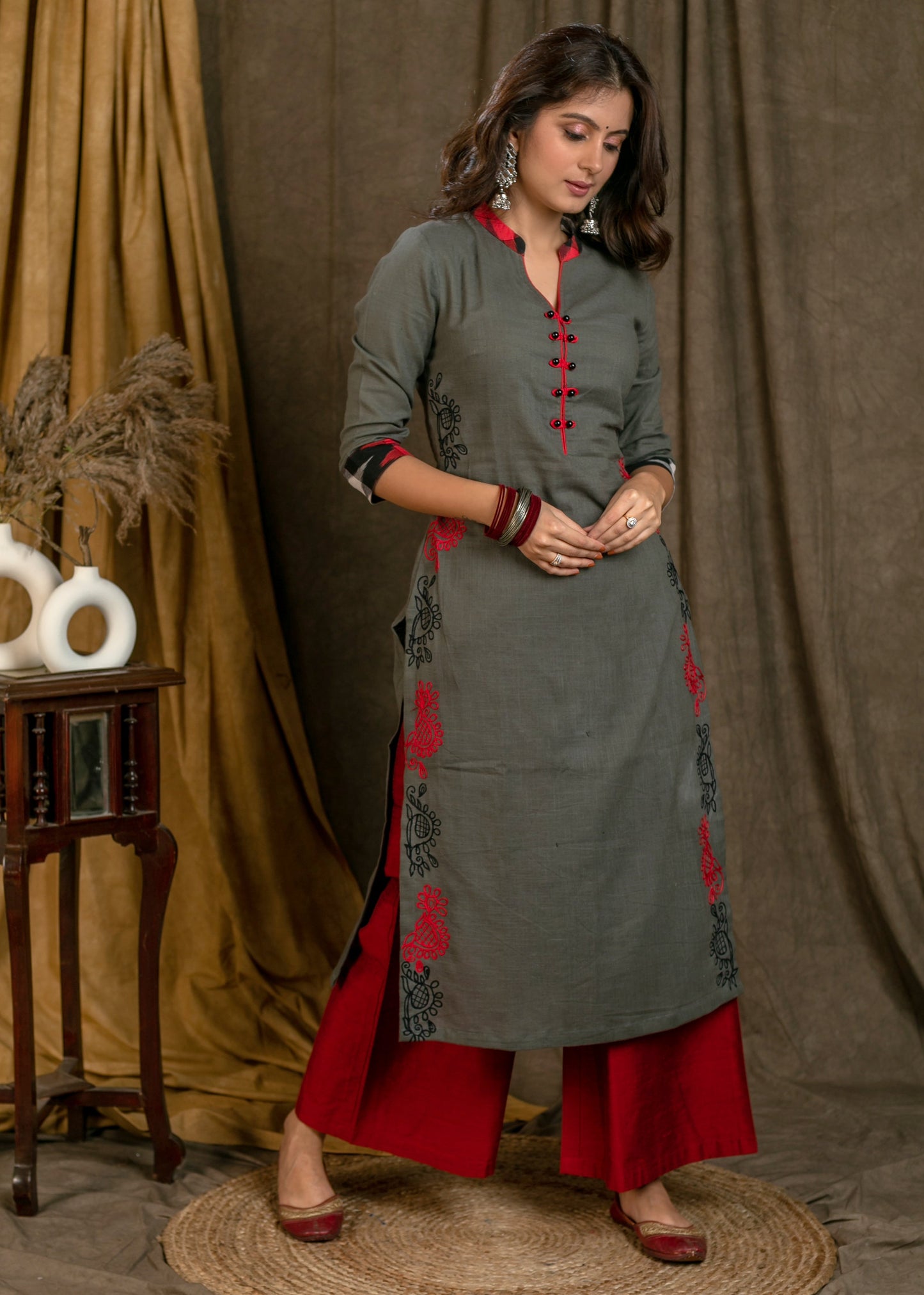 Trendy Grey Cotton Straight Cut Kurta with Black Red Embroidery On Side Panel - Pant Optional