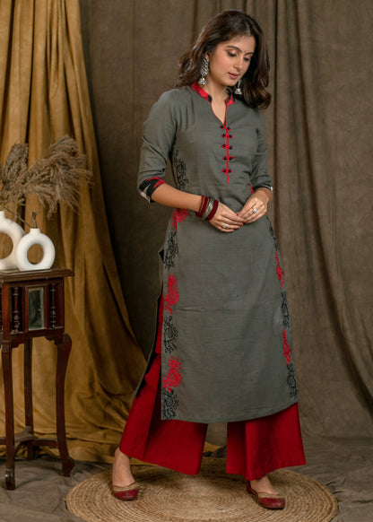 Trendy Grey Cotton Straight Cut Kurta with Black Red Embroidery On Side Panel - Pant Optional