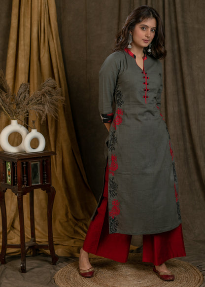 Trendy Grey Cotton Straight Cut Kurta with Black Red Embroidery On Side Panel - Pant Optional